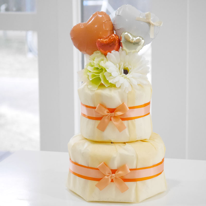 【名前入れ】 おむつケーキ 女の子 出産祝い おしゃれ 可愛い バルーン オレンジ