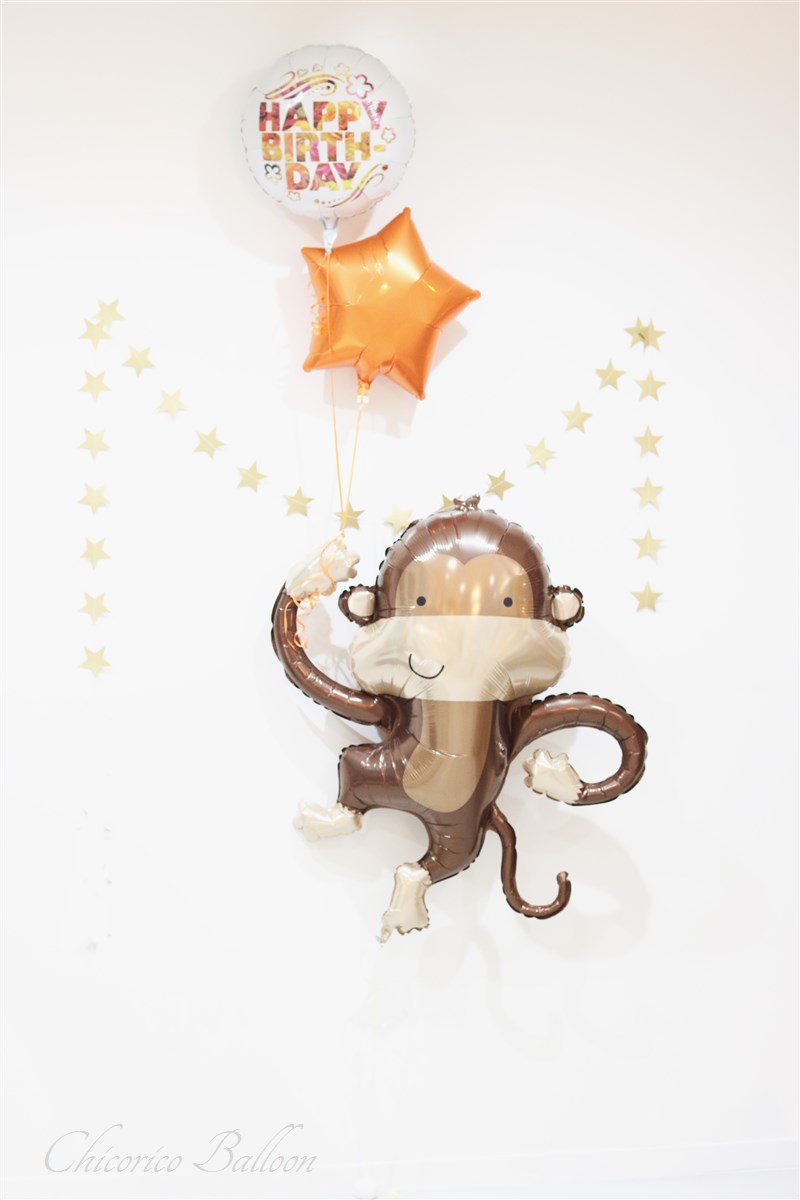 Happybirthday Cute Monkey 可愛いおさるさんのお誕生日アレンジ おしゃれなバルーンギフトとおむつケーキ Balloon Gift Chicorico